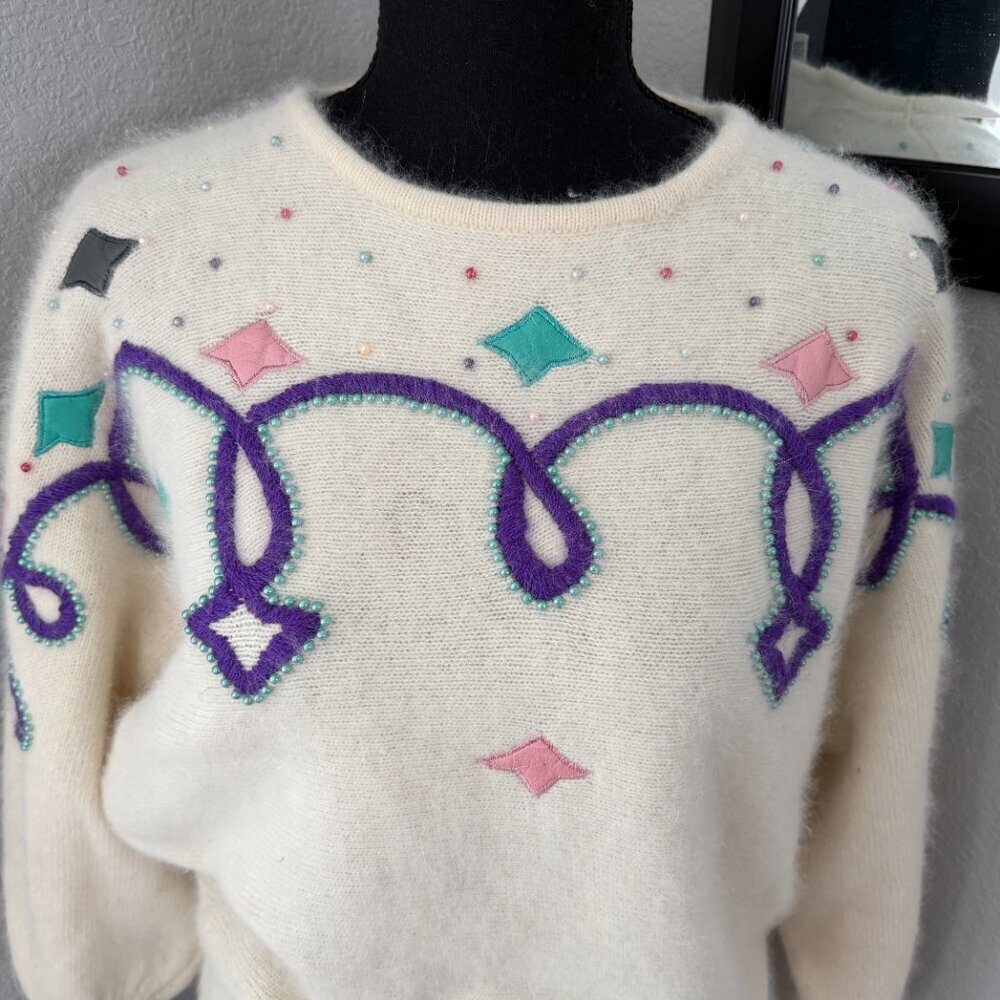 Vintage 80s Pastel Angora Geometric Sweater Cream Ivory Large - Picture 5 of 14